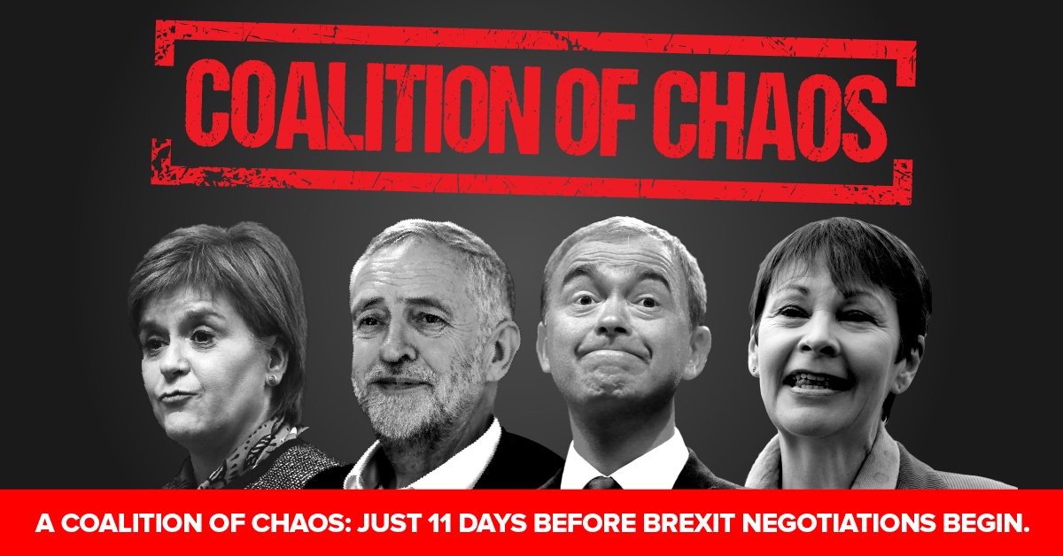 Conservatives's tweet image. Jeremy Corbyn, propped up by the SNP, Lib Dems and Greens would be a coalition of #chaos – with Nicola Sturgeon pulling the strings.