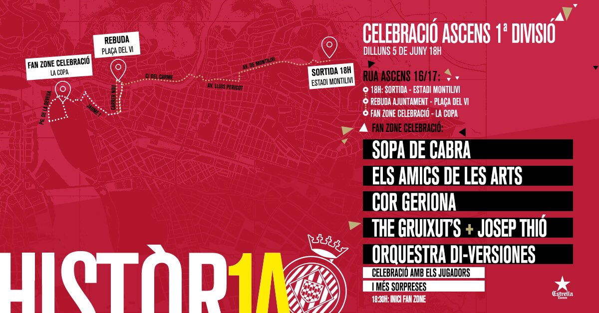 GironaFC's tweet image. Bon dia afició! Us convidem a celebrar aquest somni tots JUNTS! Rua per la ciutat, rebuda a l&apos;ajuntament, Fan Zone i concerts! ⚪️🔴
#HISTÒR1A