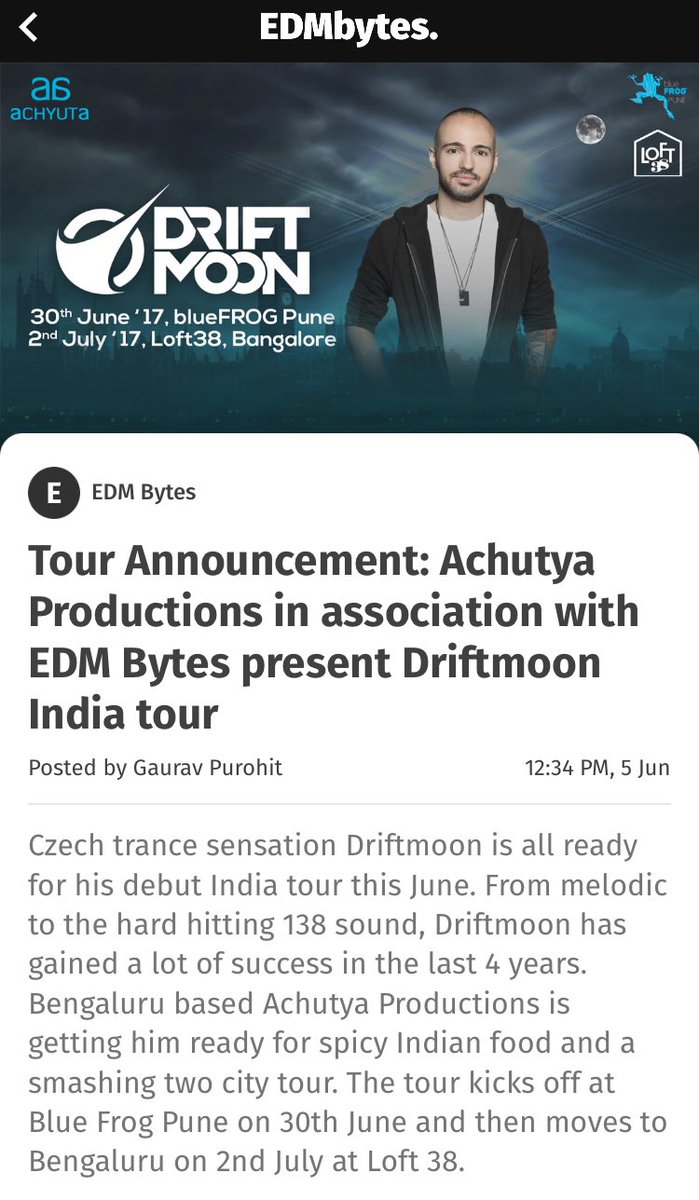 EDMbytes's tweet photo. @achyutaarts in association with @EDMbytes proudly presents @driftmoon_music India tour. Act supported by @TranceHub @bangaloretrance https://t.co/FMD5euKjfV