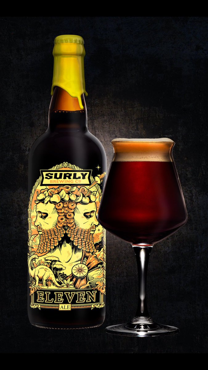 SurlyBrewingIL's tweet photo. This year we turn 11! To celebrate we blended a Belgian Quad and a 💯% Brett fermented German Wheat. 11 hits shelves this week!!! #WereSoOld https://t.co/cWWhUoICUU