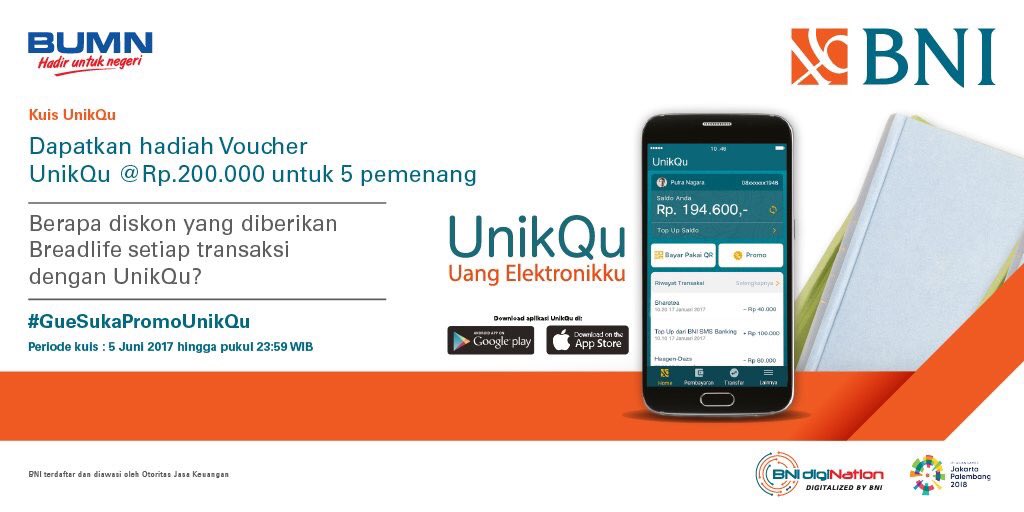 BNI's tweet photo. Tweeps!
Ikut kuis UnikQu &amp; menangkan voucher UnikQu Rp200K! dgn jwb prtanyaan ini
Contoh Jwb: Breadlife diskon ...% #GueSukaPromoUnikQu https://t.co/KNjkDNcZpJ