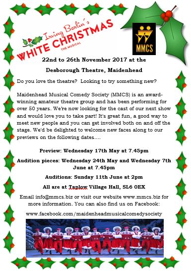 Info_Mmcs's tweet photo. Get involved with our next show #WhiteChristmas preview on Wed 7th &amp; auditions Sun 11th June https://t.co/LDP6bSe7SQ #maidenhead #taplow https://t.co/zQ6SZZEdag