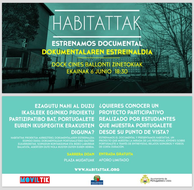 Habitattak_'s tweet photo. Zatoz bihar, 18,30etan, Dock Ballonti Zinetokietara, #HABITATTAK documentala ikustera. Ezagutu gazteek nola ikusten duten #Portugalete 📽️ https://t.co/e6z5DNaS0v