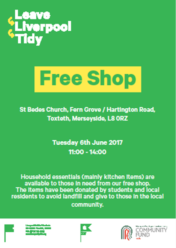 SahirHouse's tweet image. community free shop - Tues 6 June 11-pm St  Bedes Church, Fern Grove / Hartington Road, Toxteth, L8 0RZ @LiverpoolGuild