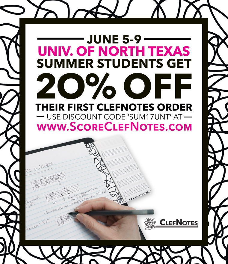 ClefNotesUS's tweet image. Happy first day of classes @UNTCoM students! 20% off for you this week, WOOO-OOP! Use code SUM17UNT at ScoreClefNotes.com #MusicTheory