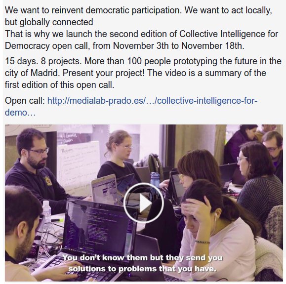 medialabMM's tweet photo. We launch the Collective Intelligence for Democracy open call. Present your project! https://t.co/lJNOcJxL4w  #ICDemocracia17 https://t.co/u4OYYgXWuj
