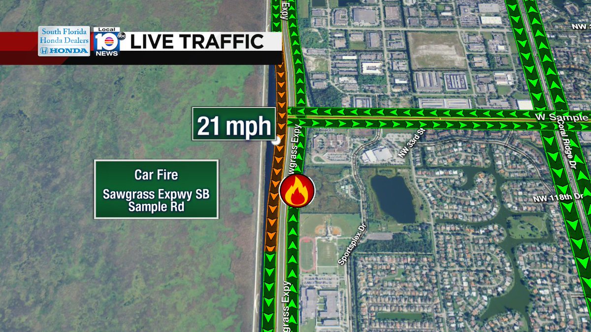 Car Fire on Sawgrass Expwy SB at Sample Rd #traffic https://t.co/ESDEM3k7m3