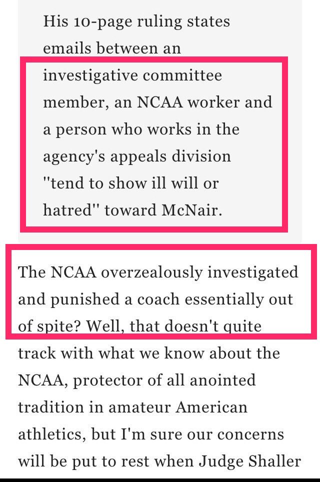 WalterByerz's tweet photo. A real judge said emails between NCAA staff &amp; fake judges on COI showed "ill will or hatred" toward McNair. NCAA/COI are unethical criminals https://t.co/cOvB4LoKZT