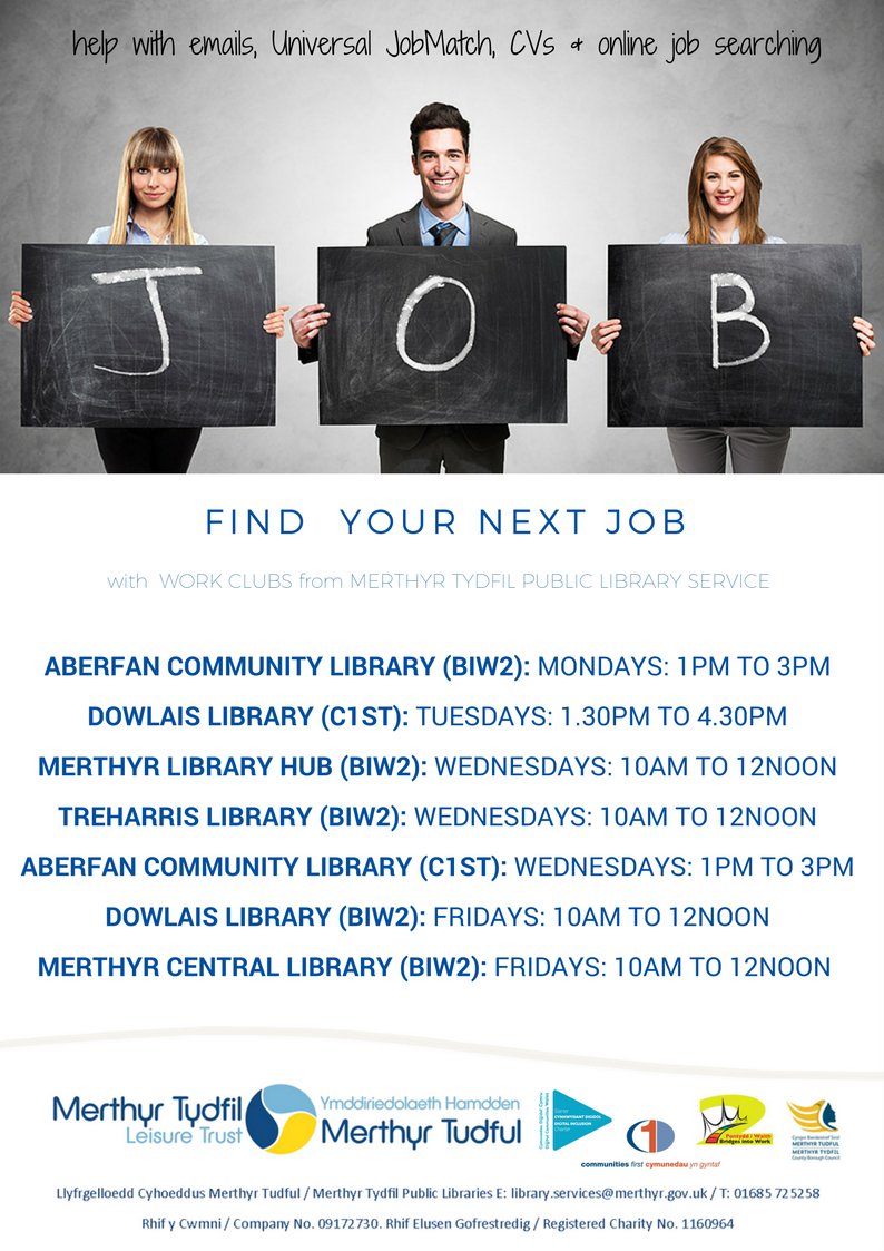 merthyrlibrary's tweet photo. If you are looking for a #job at the moment, have you tried our #WorkClubs ...they can help with job searching, CVs and interview tips! https://t.co/8C8BK1CY3N
