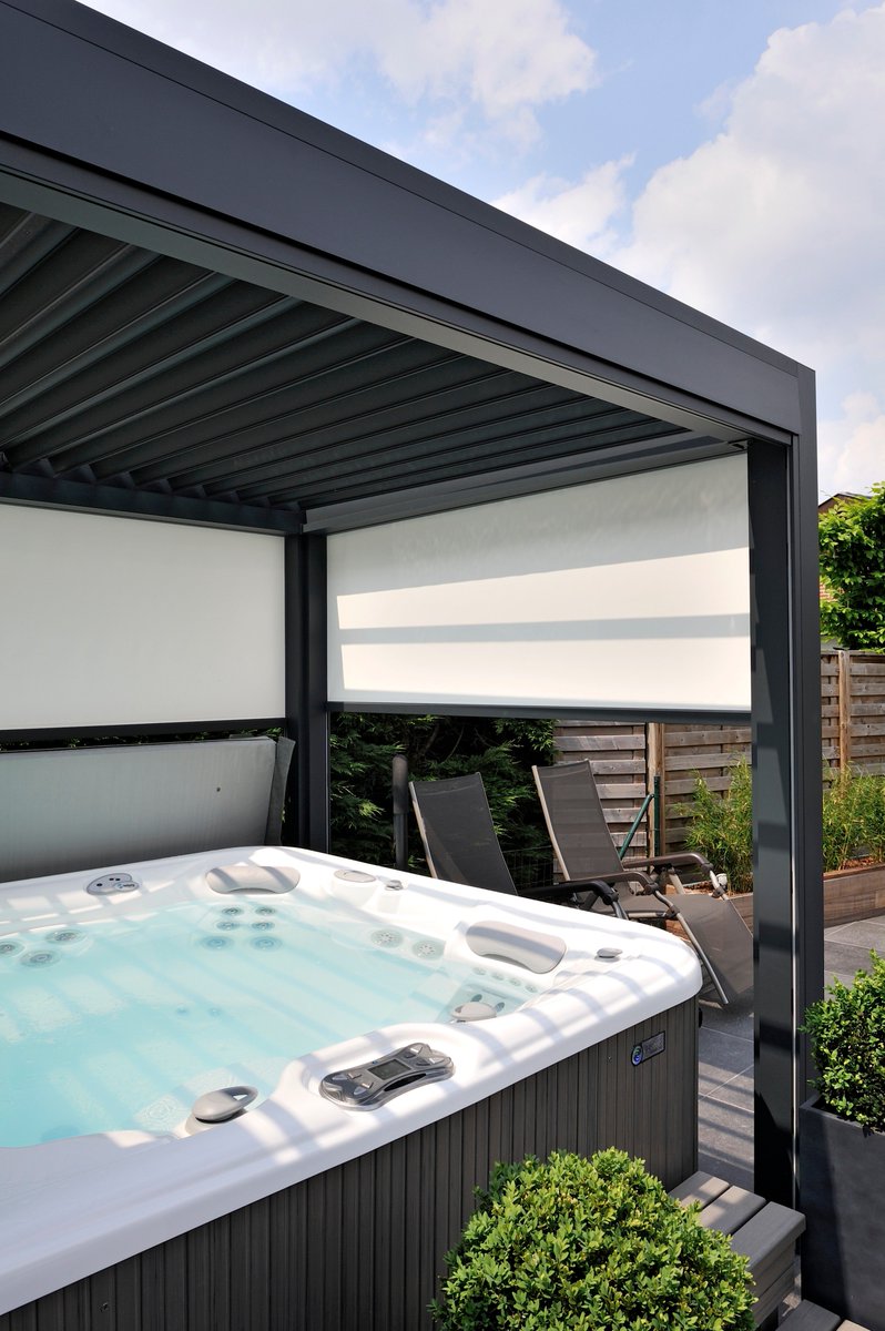 Requiring #shade but want the versatility of an #openingroof when the weather is perfect? #pergola #hottub #awning #raincover #windblock