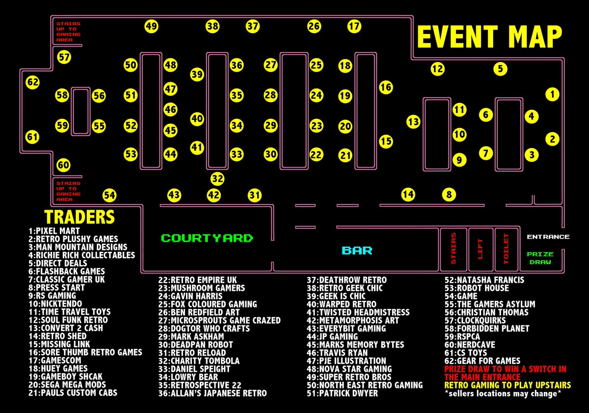 RetEvents's tweet image. Its the layout for the Super Retro Games Fair! 24th June @LeedsUniUnion #pacmap #leeds #srgf #retrogaming