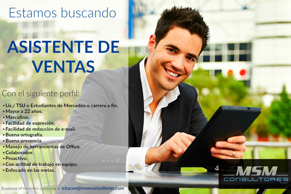 MSMConsultores's tweet photo. Quieres ser parte del #equipodetrabajo de #msmconsultores como #asistentedeventas  escríbenos lchacon@msmconsultores.com #trabajo #empleo https://t.co/6P0WGTx70F