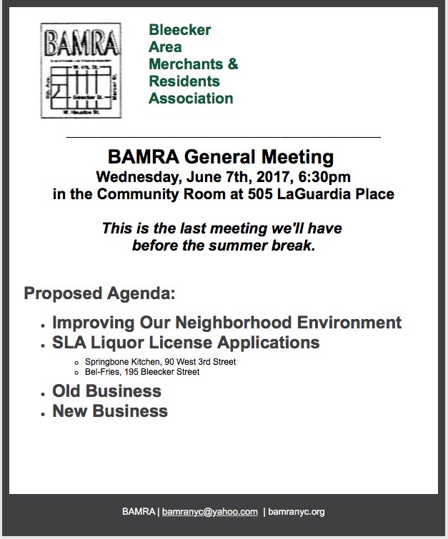 BAMRANYC's tweet photo. BAMRA GENERAL MEETING 
Wednesday, June 7th 2017 at 6:30pm
505 LaGuardia Place, Community Room https://t.co/genGDJX2Ea