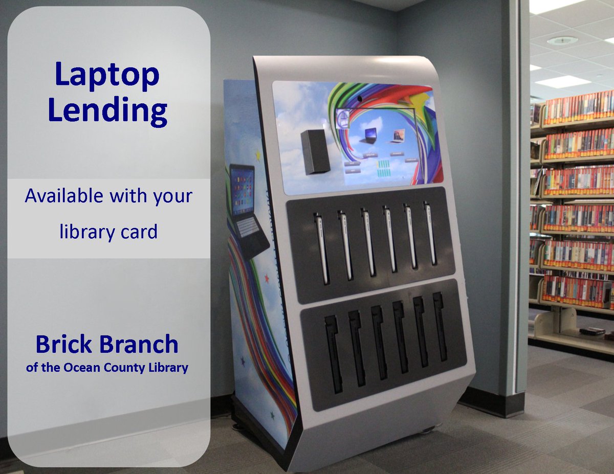 oceancountylib's tweet photo. Our Brick Branch's new laptop lending kiosk. A laptop can be borrowed for use inside the library just by scanning your library card barcode. https://t.co/tHgOBTJ7qF