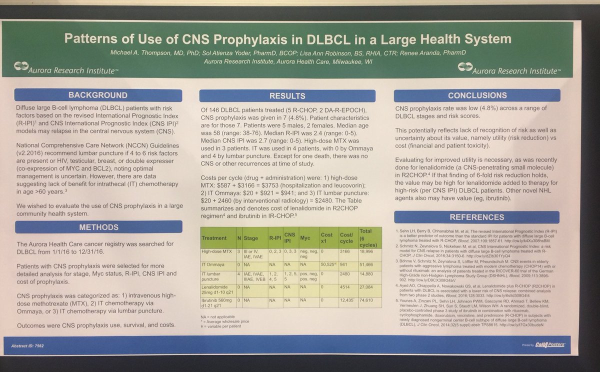 Very interesting data from <a href="/mtmdphd/">Mike Thompson, MD, PhD, FASCO</a> on cns prophylaxis vs cost in DLBCL. #ASCO17
