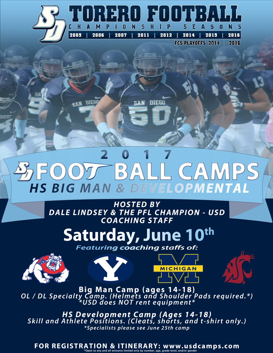 CoachBobbyJay's tweet photo. Big day with @USDFootball this Sat. Opportunity to compete and be evaluated by some great programs. Sign up today: https://t.co/ejxt164TII https://t.co/oxF6XTkUZX