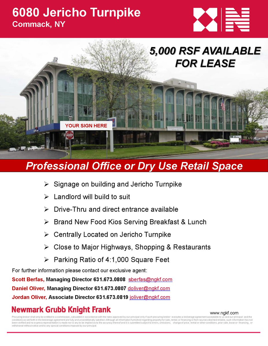LongIslandCRE's tweet image. 5,000 SF for Lease in Commack, NY.  Professional Office or Retail.
Signage - Contact Jordan Oliver 631-673-0819/joliver@ngkf.com #CRE #LIBN