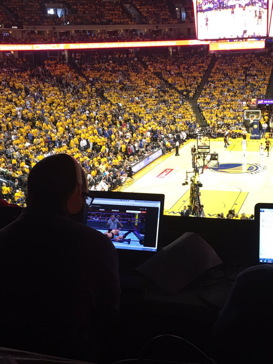 When #wrestlingislife - Man in the press box of the #nbafinals watching #wweextremerules #itwasablowout #extremerules #wwe #heellife <a href="/WWE/">WWE</a>