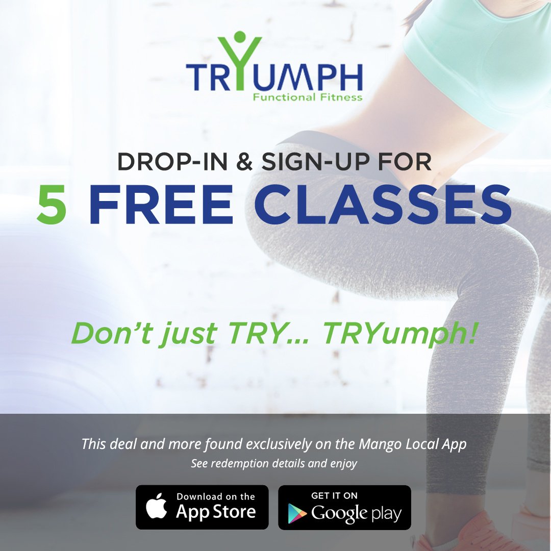 MangoLocal's tweet image. Get 5 free classes at TrYumph Function Fitness from 11-2pm. Take back your health and have life transformation!