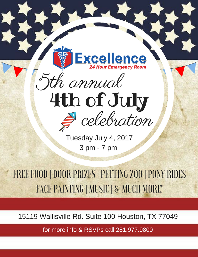 ExcellenceER_TX's tweet photo. Join us this July 4th for a day of family fun! Enjoy FREE food, a petting zoo, pony rides, moon walk, music, door prizes &amp; more! FREE EVENT! https://t.co/kZ18FSE7NM