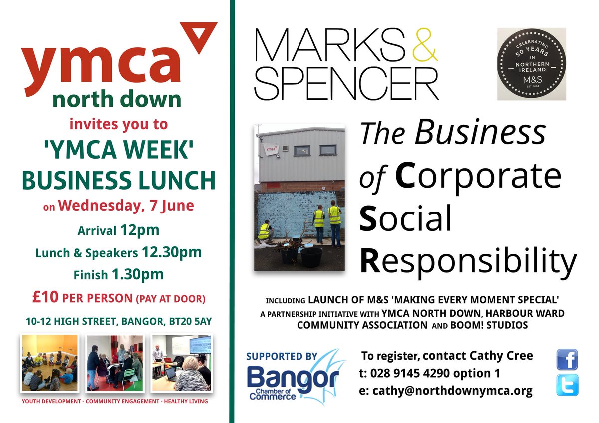 YMCANorthDown's tweet photo. Remember our #YMCAweek Business Lunch on Wed 7 June with @BangorChamberNI &amp; @marksandspencer  #MakeEveryMomentSpecial #getinvolved https://t.co/q3igOwRD9I