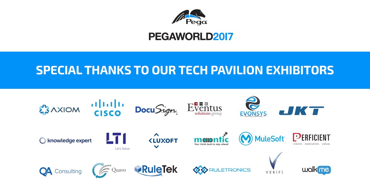 pega's tweet image. Thanks to all our Tech Pavilion Exhibitors - be sure to visit them during the week! #PegaWorld