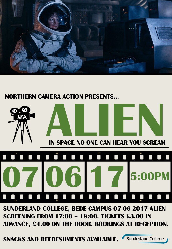 alansillphoto's tweet photo. This Wednesday at Sunderland College VPA a special screening of Ridley Scott's "Alien" 5pm tickets £4 on the door #NCAFilmFest https://t.co/j6a70qdKj2