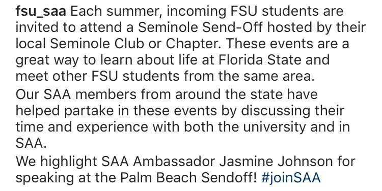 FSUSAA's tweet photo. Today we highlight one of our amazing ambassadors, Jasmine Johnson! Jasmine represented SAA at the Palm Beach County Send Off.  #joinSAA https://t.co/NFy8JaOQgc
