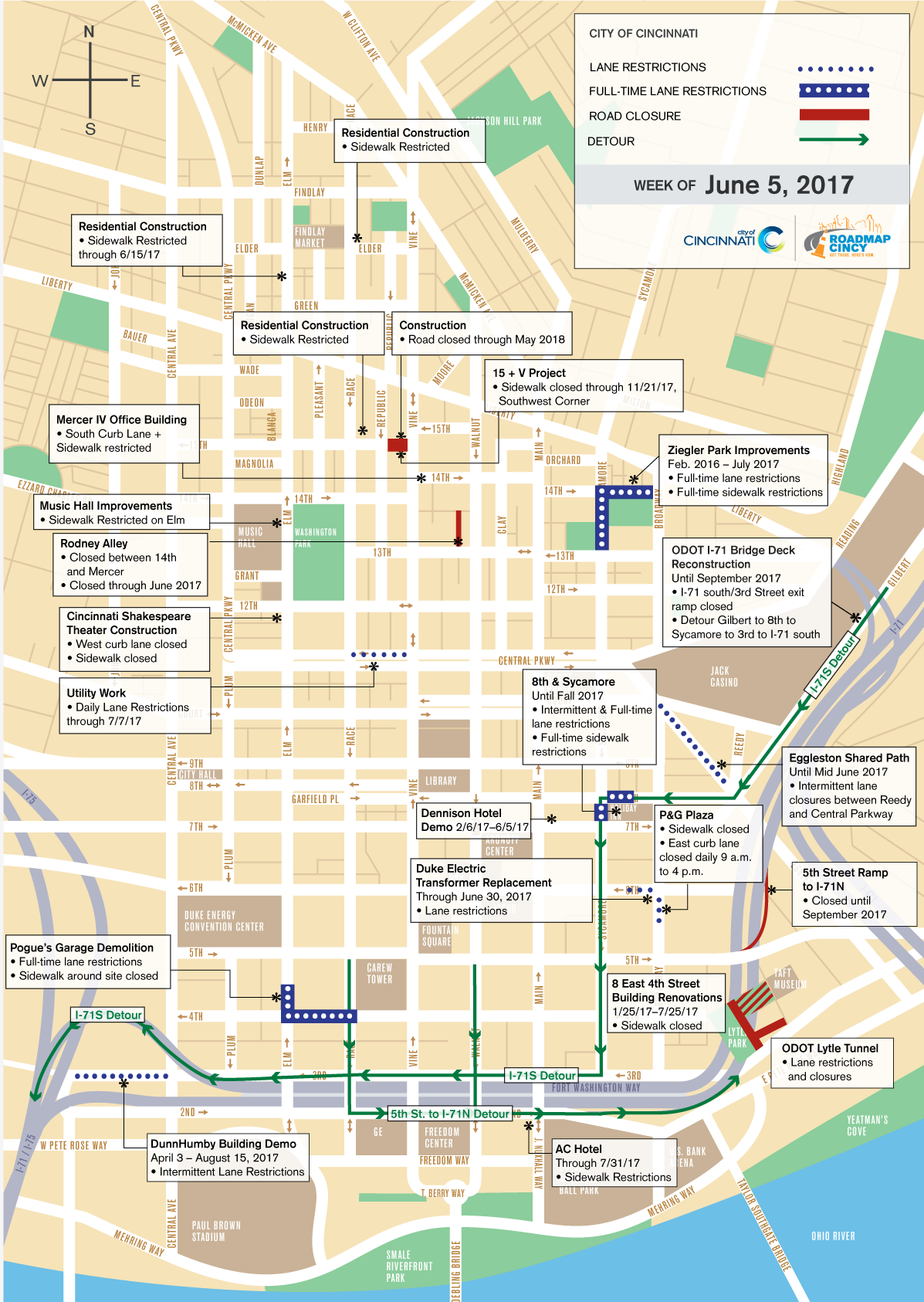 Map Of Downtown Cincinnati City Of Cincinnati On Twitter: "Check Out This Week's @Roadmapcincy Map Of  Construction-Related Street & Lane Closures In Downtown Cincinnati,  @Thebankscincy & In Otr. Https://T.co/1G3Cu29Tzb" / Twitter