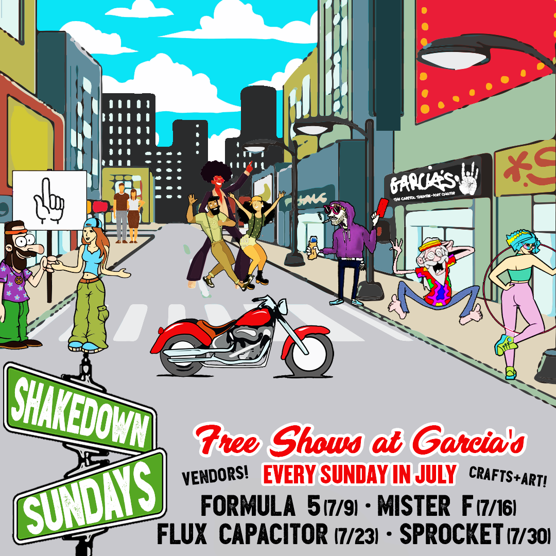 FREE Shakedown Sundays in July garci.as/pp
🚌 <a href="/Formula5Music/">Formula 5</a> 7/9
🚀 <a href="/MisterFmusic/">Mister F</a> 7/16
🌀 <a href="/FluxCapacitor88/">Flux Capacitor</a> 7/23
🎶 <a href="/SprocketNYC/">Sprocket Band</a> 7/30