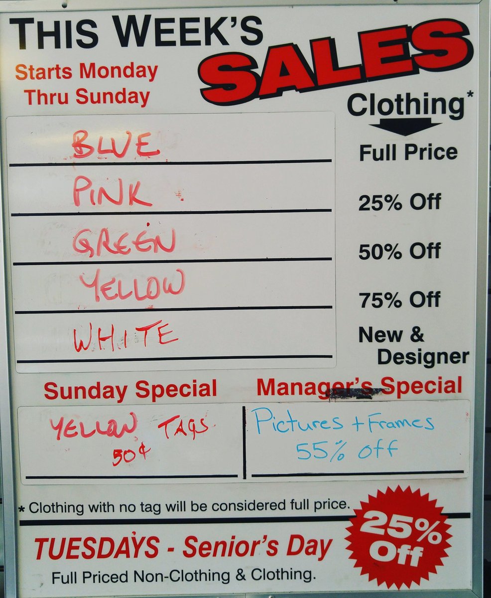 CytheraThrift's tweet photo. This week's clothing discounts and sale. Today we have pictures and frames 55% off. #sale #thrift #clothing #shopping https://t.co/zmn2scyRmU