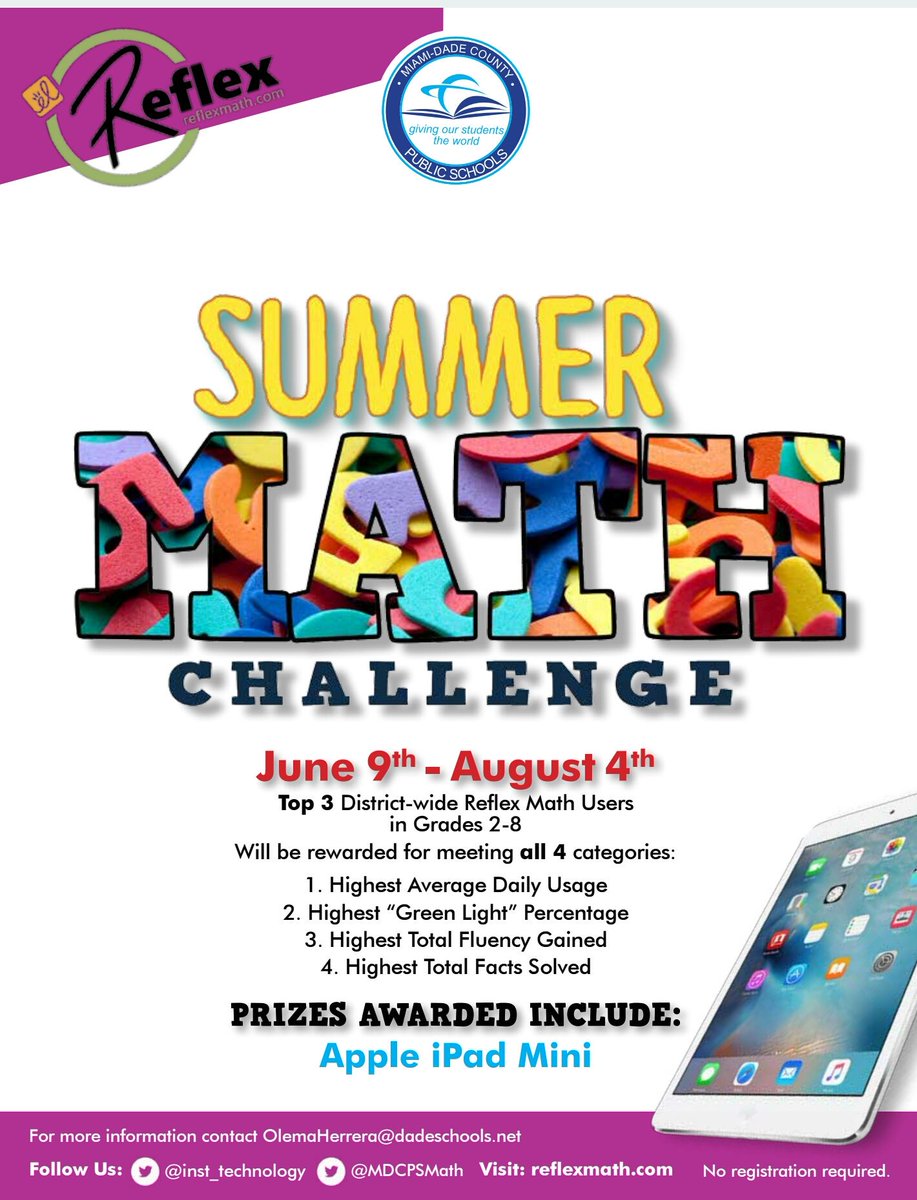 IzquierdoMarie's tweet photo. Ok @MDCPS  kids! Are you ready to join the Summer Math Challenge? Great prizes to be awarded in the Fall. https://t.co/82iceu2ezj