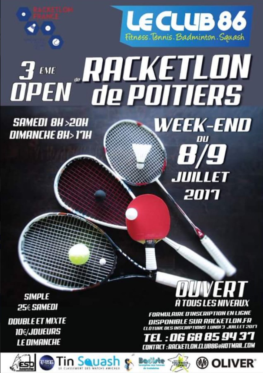 RacketlonFrance's tweet photo. Ne ratez pas ce 1er rdv de juillet. Comme a son habitude le club 86 nous accueille les 8/9 juillet. Bonne ambiance assurée #racketlonfrance https://t.co/7eZs1ENUYI