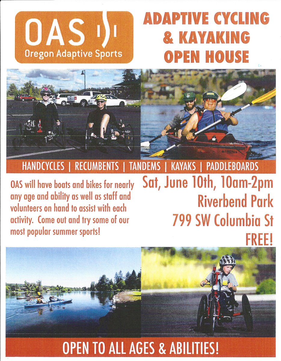 Open house at Riverbend Park this Saturday June 10! FREE. Try out adaptive kayaks, adaptive cycles, meet staff + volunteers &amp; have some fun!