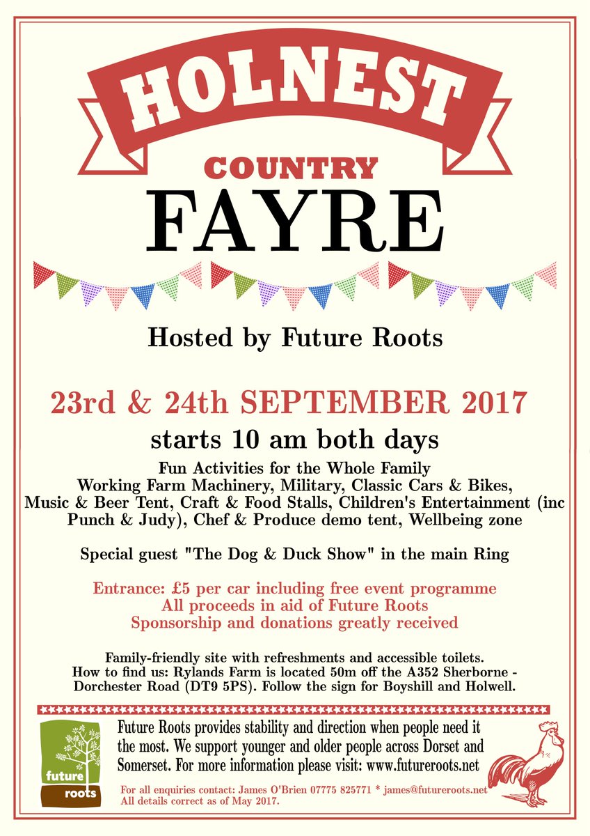 HolnestCFayre's tweet photo. Our initial flyer.
YES just £5 a car entrance fee
Fancy becoming a sponsor to help us raise more money for @FutureRootsNet? #dorsethour https://t.co/l32qkEcNRS