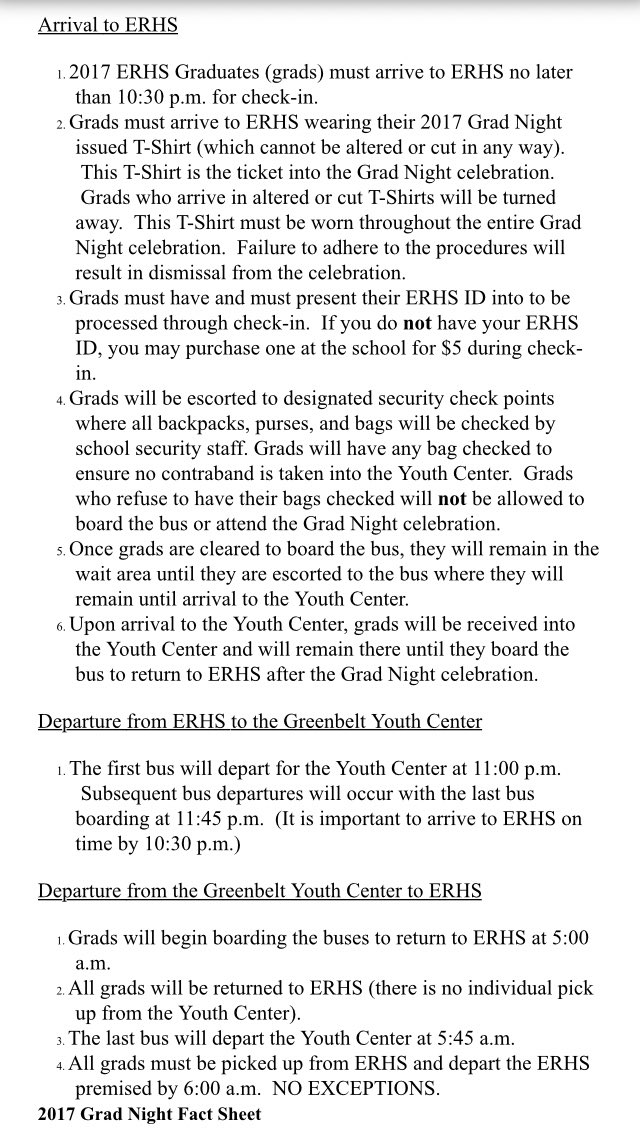 ERHS2017's tweet photo. Grad Night Information: 

2nd pic: Arrival and Departure info 

3rd pic: dates times location required things to bring

4 pic: Activities https://t.co/kVQ8x0XUYJ