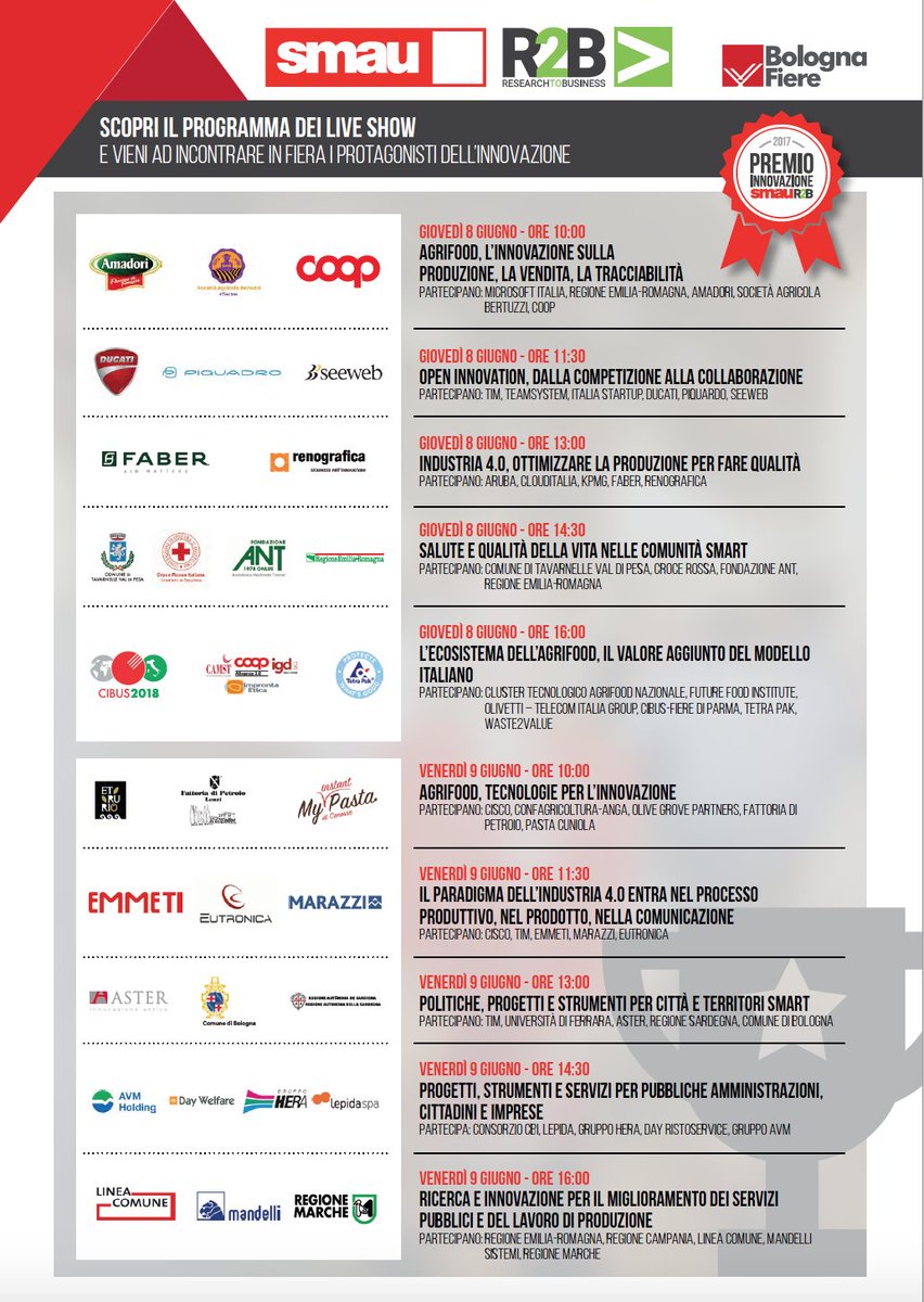 vale_sorgato's tweet photo. Vieni a #Smau Bologna #R2B2017 per conoscere i migliori casi di successo di imprese ed enti del territorio vincitori del Premio Innovazione https://t.co/gYDgFwbSry