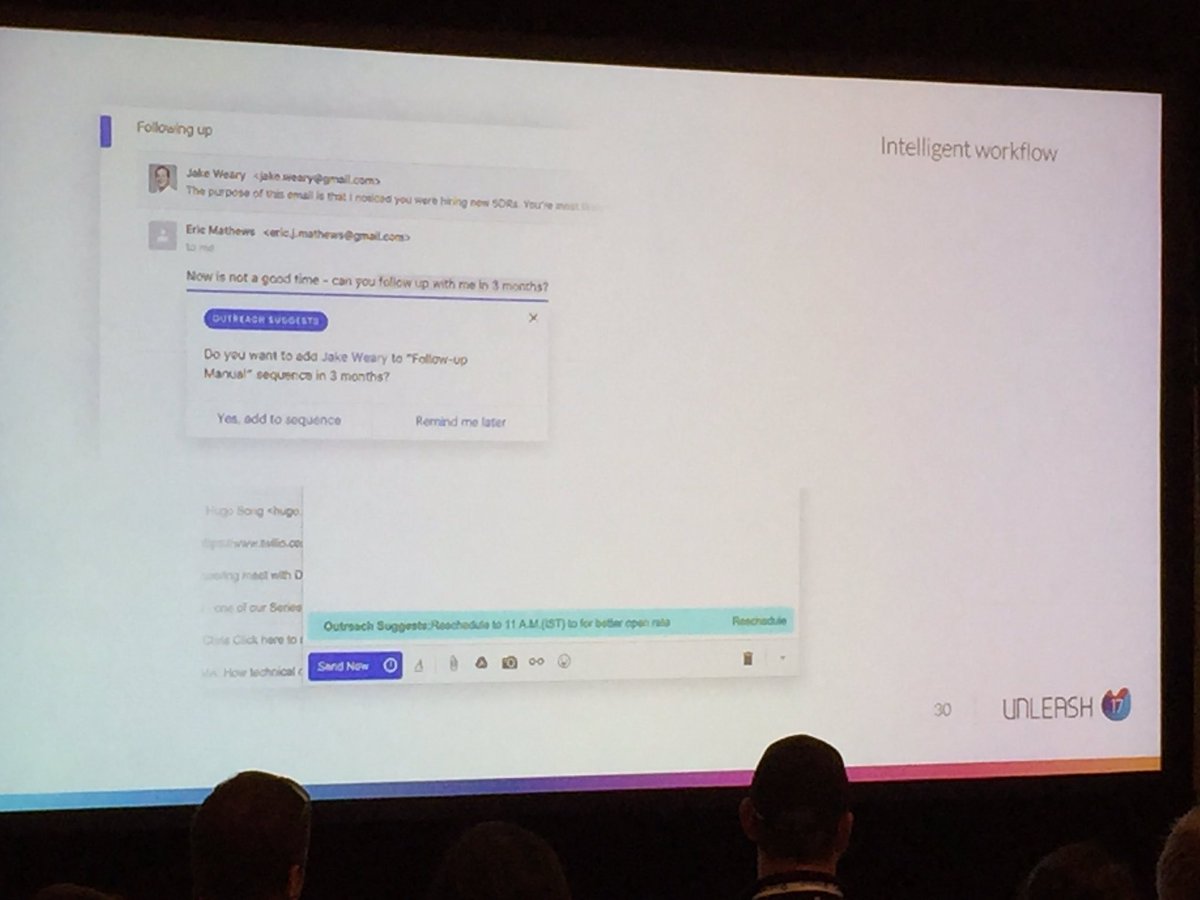 superkinz's tweet photo. Future email inboxes will become intelligent to become every rep's sales assistant @outreach_io #Unleash17 https://t.co/w1vCMCExLg