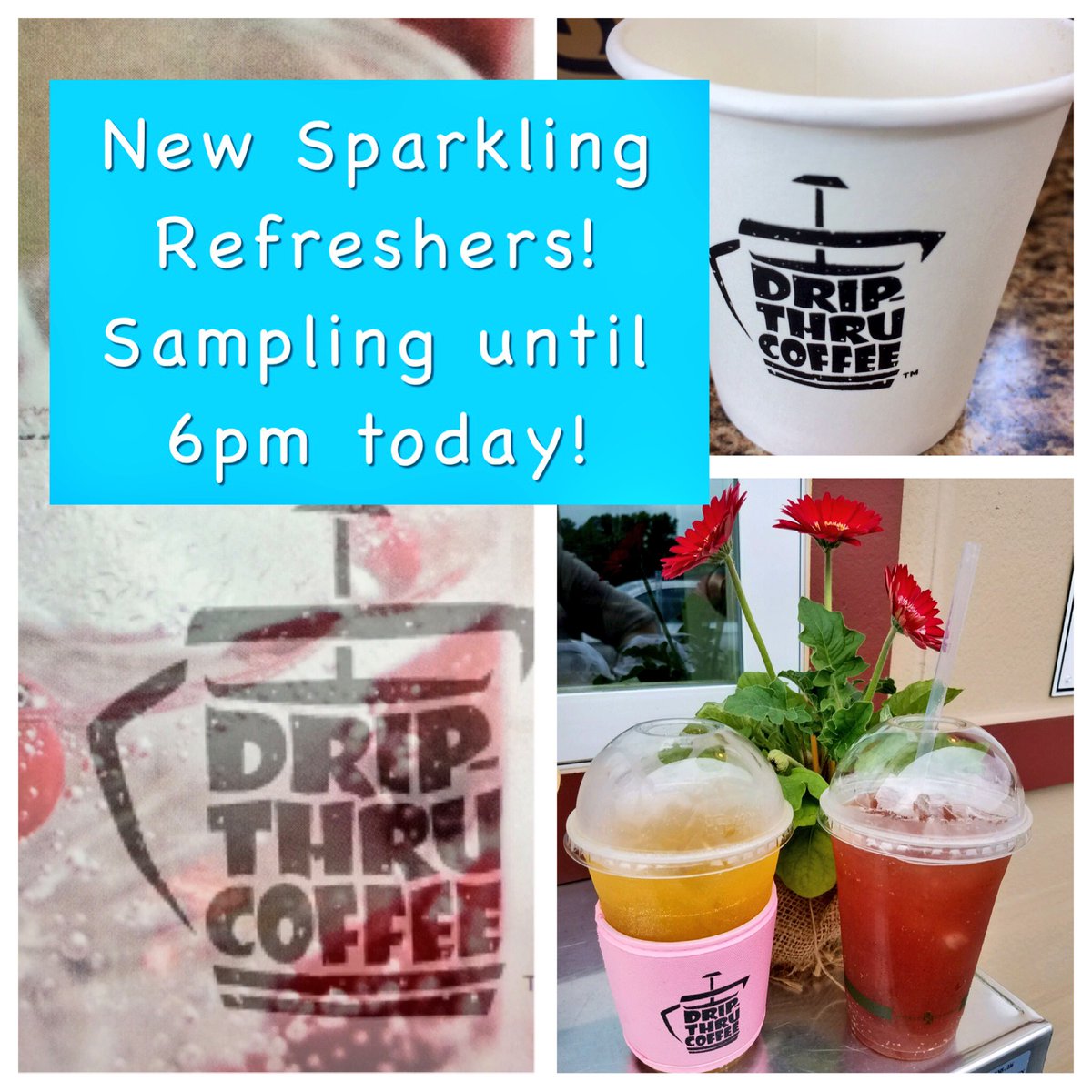 DripThruCoffee's tweet photo. #sparklingrefreshers just in time for summer! 100% fruit purée, sparkling H2O &amp; ice! #comeseeus #freesamples until 6p! #trafficbreak 🤓🚗🍹🍧🌴 https://t.co/sh77GPE5kN