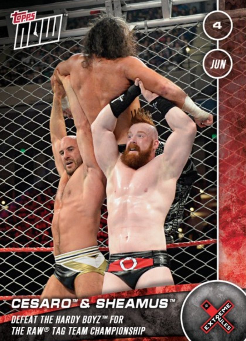 Topps's tweet image. The Raw Tag Team Championship went to @WWECesaro and @WWESheamus. Get the #TOPPSNOW card of their title win bit.ly/2fi13Ks
