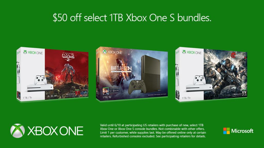 XBOX's tweet photo. Go for the terabyte with $50 off select 1TB #XboxOne bundles for a limited time only: https://t.co/0Xcv062M1r [E10+-M] https://t.co/LJnpTQI3fs