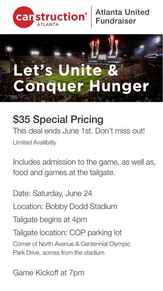 Just 27 tickets remain for our largest mid-season event ever. Buy your tickets now to join us June 24 to cheer on <a href="/ATLUTD/">Atlanta United FC</a> &amp; support <a href="/ACFB/">Atlanta Community Food Bank</a> !
