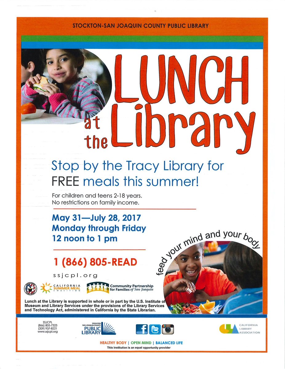 cityoftracy's tweet photo. Stop by the Tracy Library for FREE meals! From May 31st – July 28th (Mon-Fri), for ages 2-18 years. #TracyCA #learninsidethetriangle https://t.co/ngBsa9BsDT