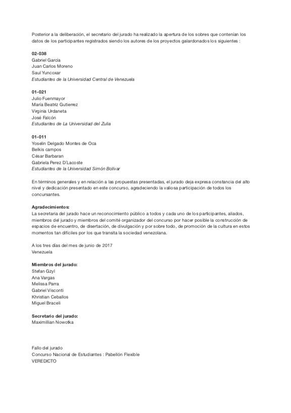 Acta del veredicto del jurado del Concurso Nacional de Estudiantes : Pabellon flexible | Disponible en iac-web.com