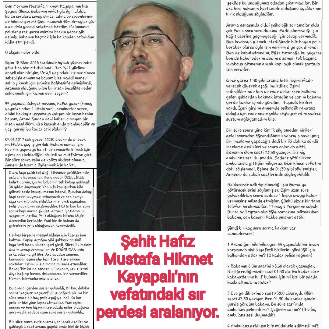 TetikciSAVCILAR's tweet photo. Merhum Şehidimiz Hafız Mustafa Hikmet Kayapalı'nın kızı @sseymaolmezz hanımefendinin o gece yaşananlara dair herşeyi açık eden ifadeleri: https://t.co/xWIqpL3Kqg