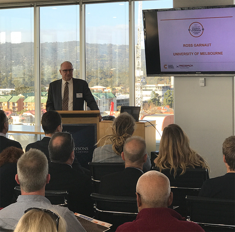 cleannrgcouncil's tweet photo. Keynote speaker, Ross Garnaut from @unimelb addresses a full room at today's Australian #Energy #Storage Leadership Series in Adelaide. https://t.co/o3LLRdonae