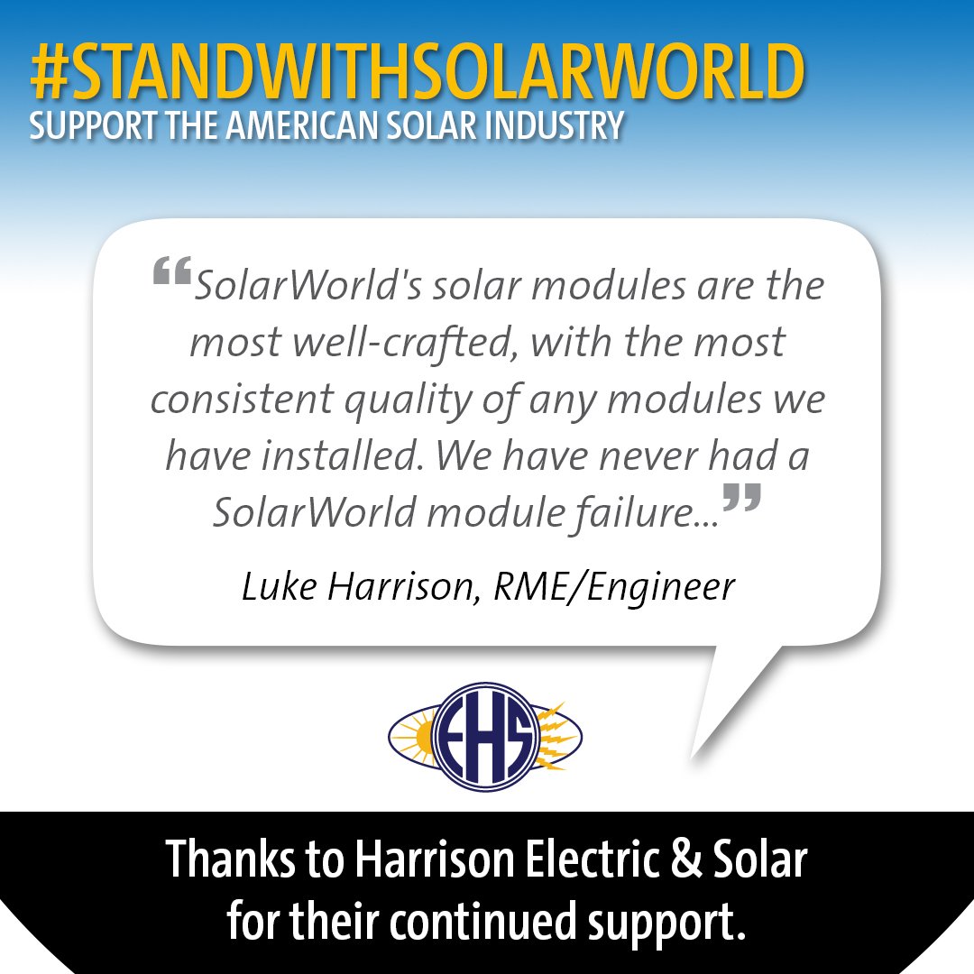 SolarWorldUSA's tweet photo. Thank you #HarrisonElectricSolar for backing #SolarWorld and US #solar. #StandWithSolarWorld #StandWithSolar. https://t.co/qcE899CNNd https://t.co/RcQ1o4UlxU