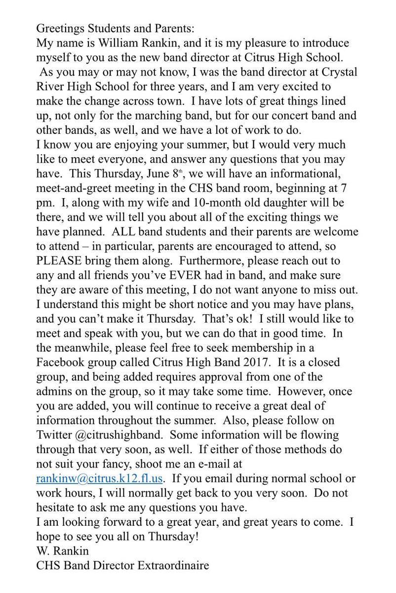 citrushighband's tweet photo. Please join us this Thursday, 6/8, in the band room to meet our new band director and get some information about the upcoming year! https://t.co/P5vFCCvGJZ