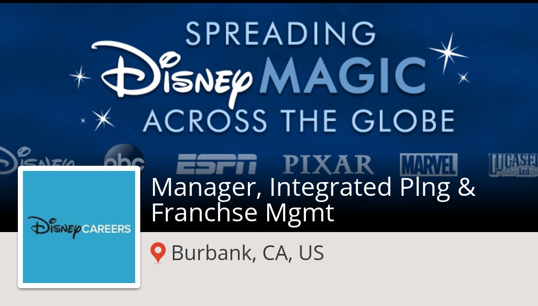 RitaBrue's tweet photo. Manager, #Integrated Plng &amp; #Franchse Mgmt at #Disney (#Burbank) #job https://t.co/kBbSgquh7B #DisneyJobs https://t.co/42Dydr8zZY
