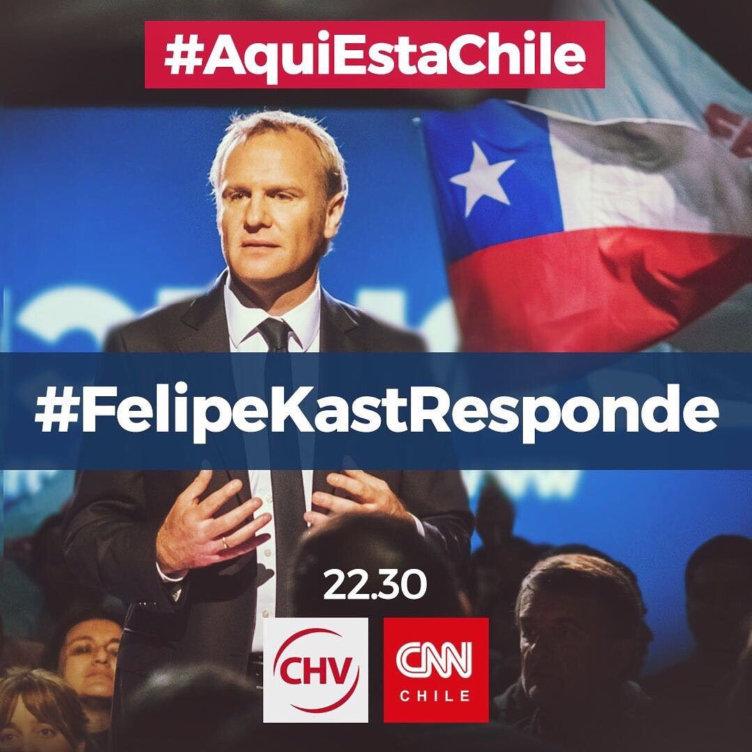 evopoli's tweet photo. Desde las 22:30 nuestro candidato #FelipeKastResponde en #AquiEstaChile. No te lo pierdas por #Chilevision y #CnnChile https://t.co/g55NHj1Ysz
